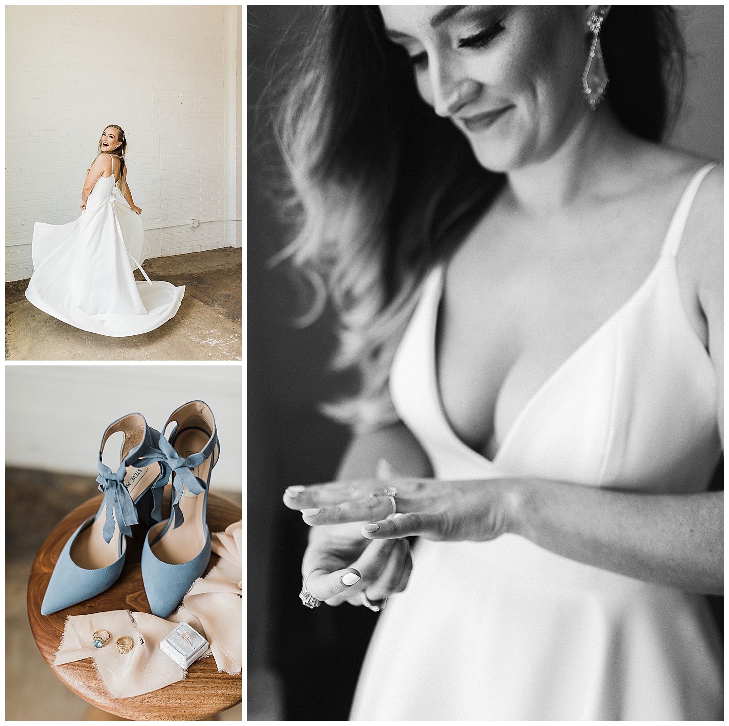 Indoor wedding pictures with bride in A and Bé Dress at the TX Studio in Dallas